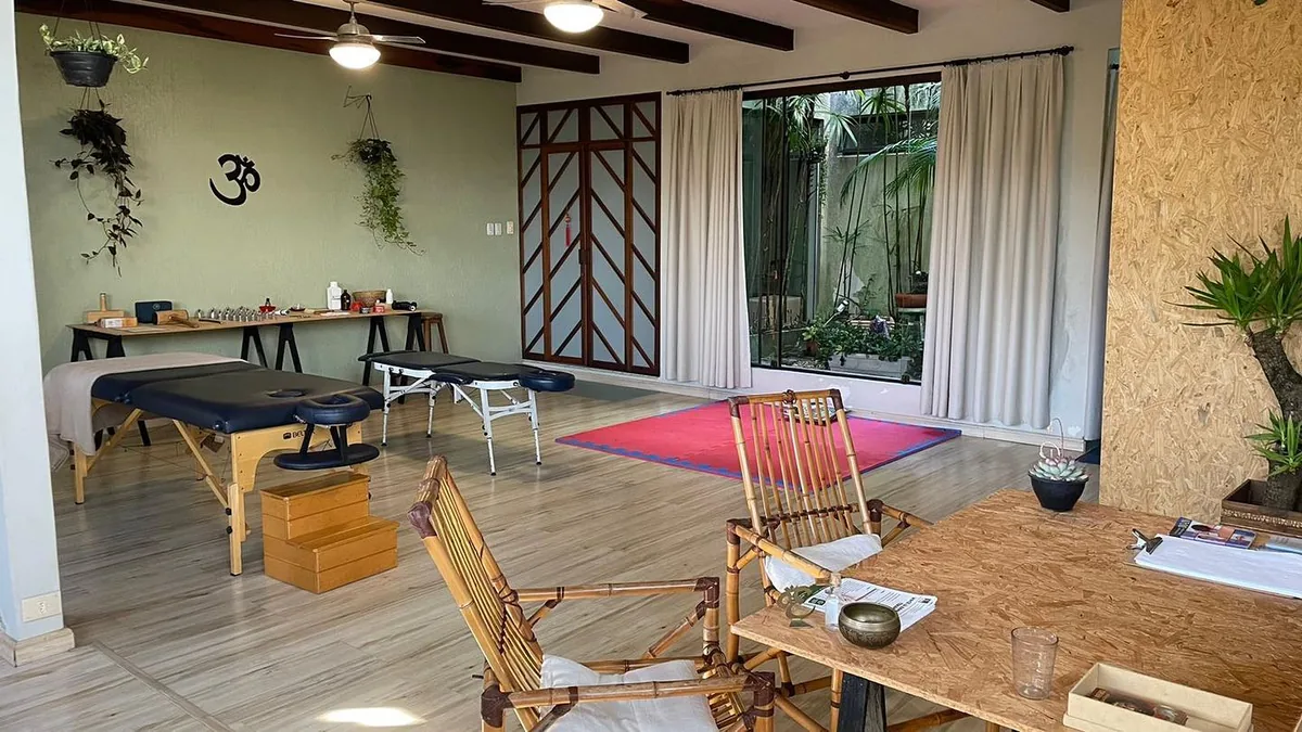 A sala de atendimento: maca, plantas e luz natural